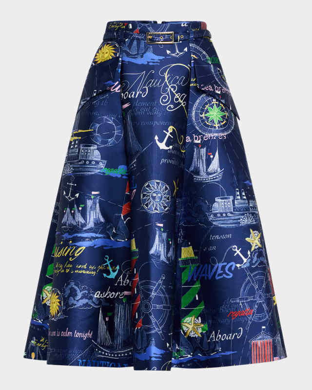 Nautical-Print Mikado Midi Skirt With Belt